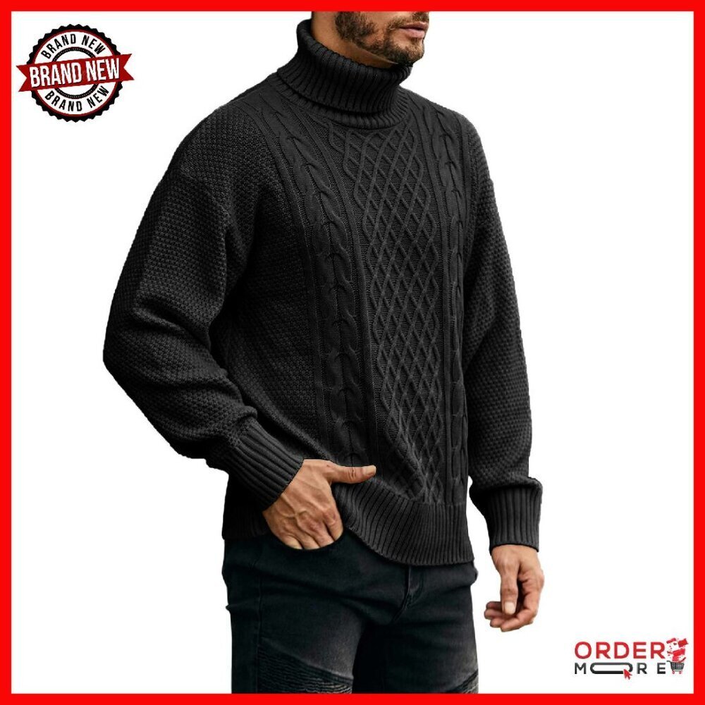 Men's Cable Knit Turtleneck Sweater Slim Fit Chunky Winter Pullover